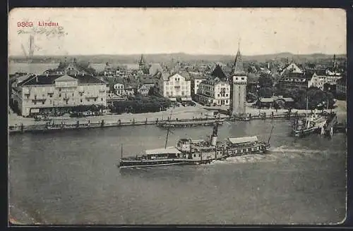 AK Lindau / Bodensee, Hafen mit grossem Dampfschiff