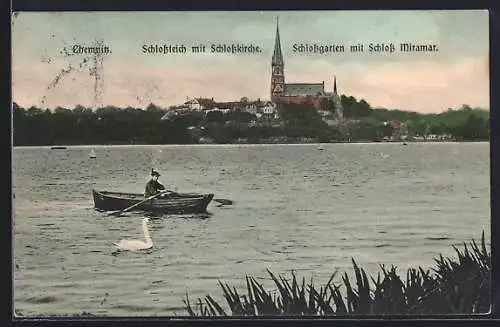 AK Chemnitz, Schlossteich mit Schlosskirche und Schlossgarten mit Schloss Miramar