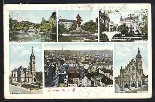 AK Chemnitz, Ortsansicht, Inselbrücke, Schlossteich, Körnerdenkmal, Dresdner Bank, St. Lukaskirche, Jakobikirche