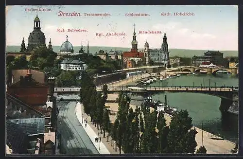 AK Dresden, Frauenkirche, Terrassenufer, Schlossturm, Kgl. Belvedere