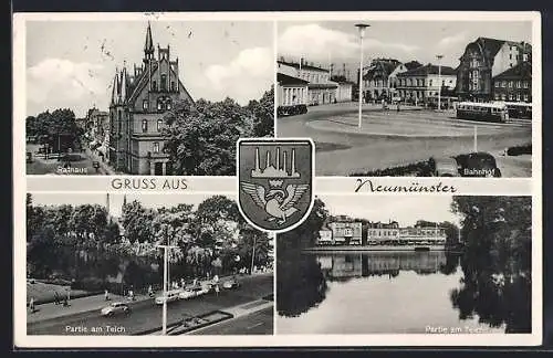 AK Neumünster, Bahnhof, Rathaus, Partie am Teich