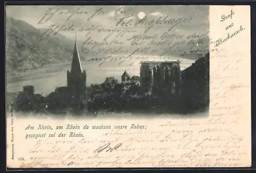 AK Bacharach /Rhein, Ortsansicht im Mondschein mit Gedicht