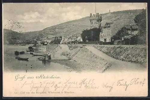 AK Rüdesheim / Rhein, Partie am Ufer mit Turm