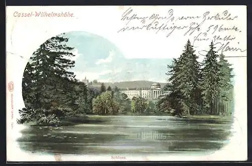 Lithographie Cassel-Wilhelmshöhe, Schloss mit Seepartie