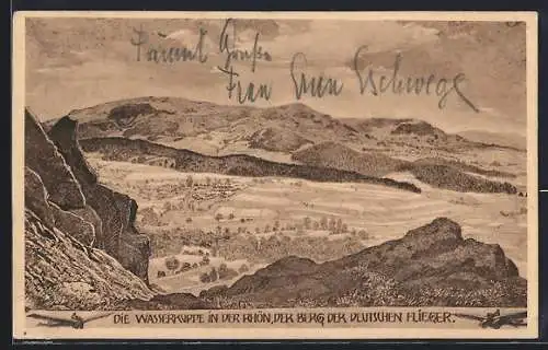 Künstler-AK Wasserkuppe /Rhön, Blick von der Steinwand zur Wasserkuppe