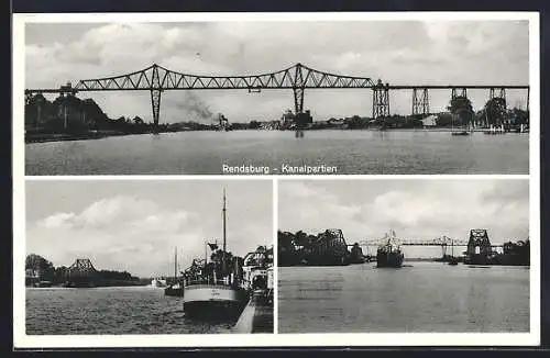 AK Rendsburg, Kanalpartien, die Rendsburger Hochbrücke, Heckansicht eines Handelsschiffs