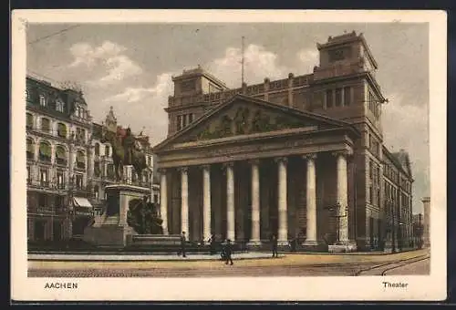 AK Aachen, Blick auf das Theater mit Denkmal