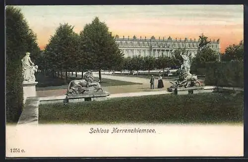 AK Schloss Herrenchiemsee, Parkanlagen mit Figuren