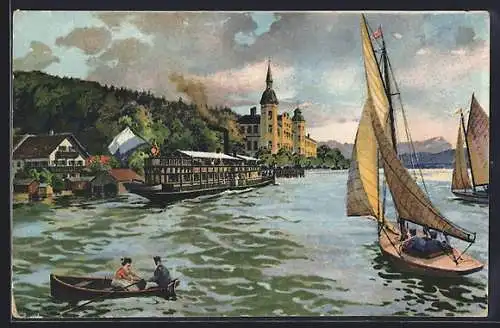 AK Leoni am Starnbergersee, Hotel Leoni mit Dampfer