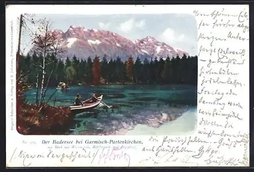 AK Garmisch-Partenkirchen, Badersee mit Blick auf Waxenstein, Riffelwände und Zugspitze