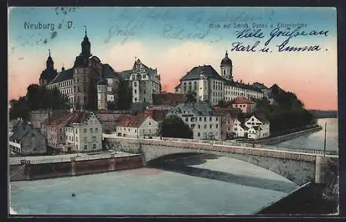 AK Neuburg a. D., Blick auf Schloss Donau und Elisenbrücke