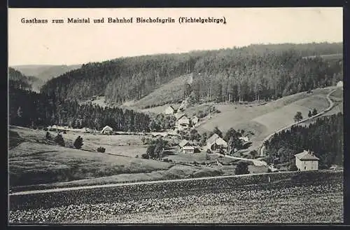 AK Bischofsgrün /Fischtelgebirge, Gasthaus zum Maintal und Bahnhof Bischofsgrün