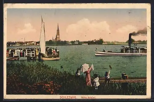 AK Schleswig, Die Schlei, Passagiere warten auf das Dampfschiff