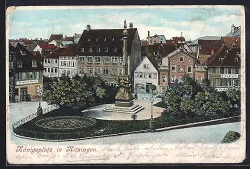 AK Kitzingen, Denkmal und Geschäfte am Königsplatz