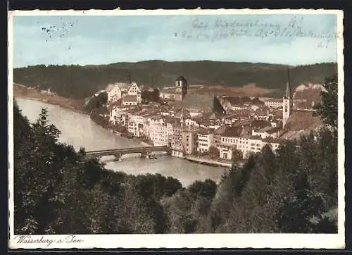 AK Wasserburg a. Inn, Flusspartie mit Brücke