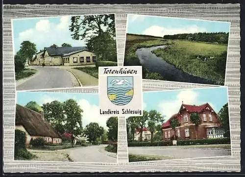 AK Tetenhusen über Rendsburg, Flusspartie im Feld, Häuser der Stadt