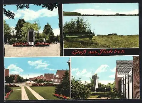 AK Fockbek, Kriegerdenkmal, Strassenpartien mit Wohnhäusern, Uferpartie