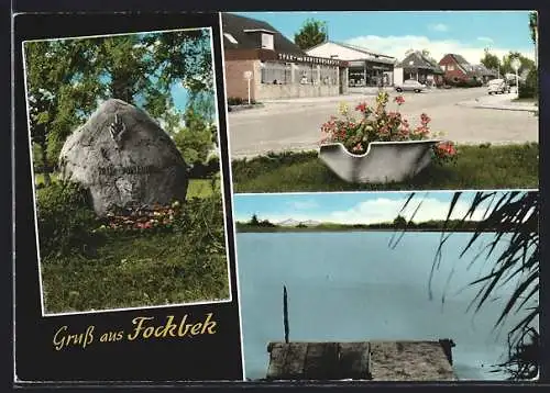 AK Fockbek, Gedenkstein, Strassenpartie mit Sparkasse, Blick vom Steg aufs Gewässer