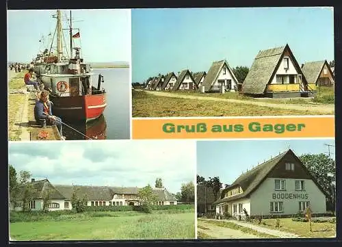 AK Gager, Partie am Hafen, Finnhütten und Ferienheim Boddenhus