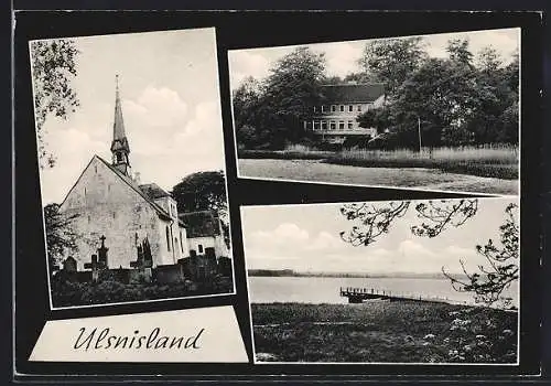 AK Ulsnis-Ulsnisland /Schleswig, Kirche mit Friedhof, Wasserpartie mit Steg