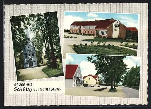 AK Schuby bei Schleswig, Eingang der Kirche, Die Schule, Gasthaus Reusch