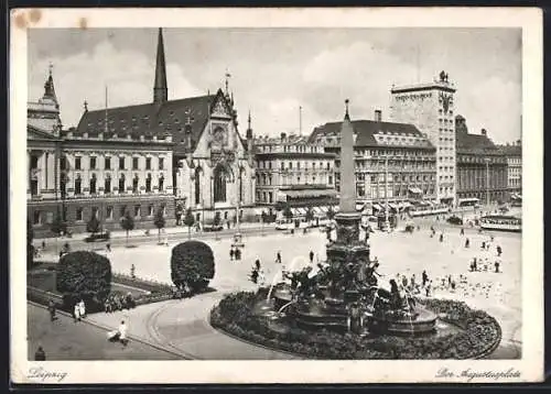 AK Leipzig, Der Augustusplatz mit Springbrunnen