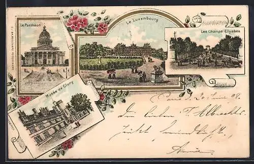 Lithographie Paris, Le Panthéon, Le Champs Elysées, Musée de Gluny