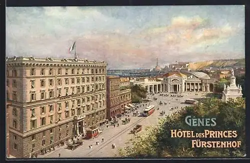 Künstler-AK Genova, Hotel des Princes Fürstenhof, Strassenbahnen