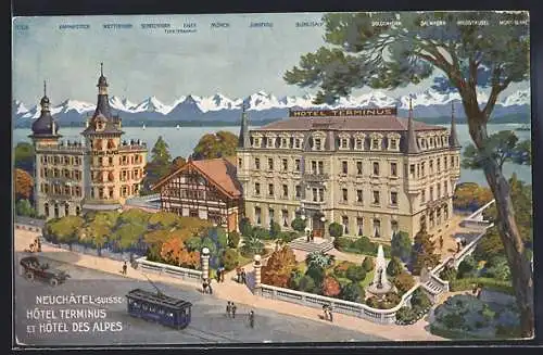 AK Neuchatel, Hotel Terminus et Hotel Des Alpes avec Tram
