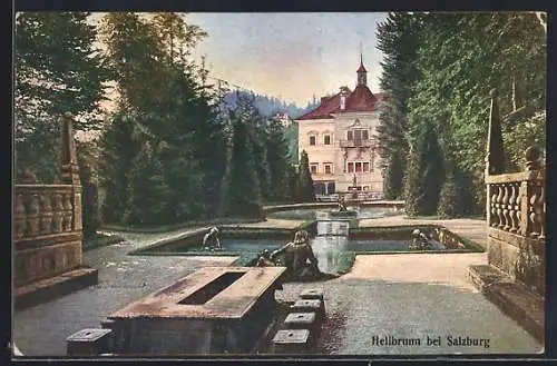 AK Hellbrunn bei Salzburg, Park und Teich mit Statuen