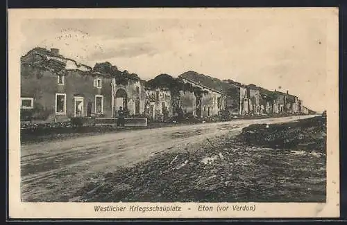 AK Eton, Strassenpartie in der zerschossenen Ortschaft