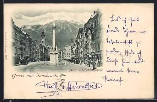 AK Innsbruck, Maria Theresienstrasse mit Geschäften und Denkmal