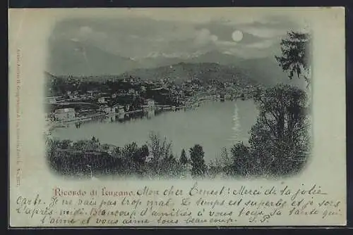 Mondschein-AK Lugano, Panorama mit Bergen