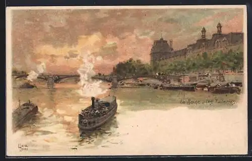 Lithographie Paris, Dampfer auf der Seine