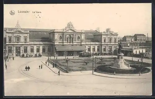 AK Louvain, La Gare, Bahnhof, Strassenbahn, Denkmal