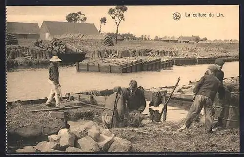 AK La Culture du Lin, On enlève des ballons le lin roui, Anbau und Verarbeitung von Flachs