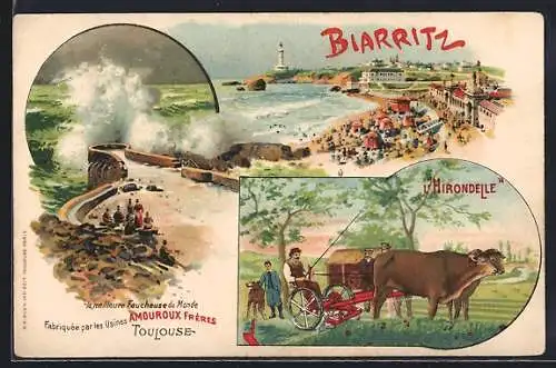 Künstler-AK Biarritz, Panorama, L`Hirondelle, Toulouse, Faucheuse fabriquée par Les Usines Amouroux Frères