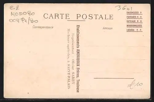 Künstler-AK Biarritz, Panorama, L`Hirondelle, Toulouse, Faucheuse fabriquée par Les Usines Amouroux Frères