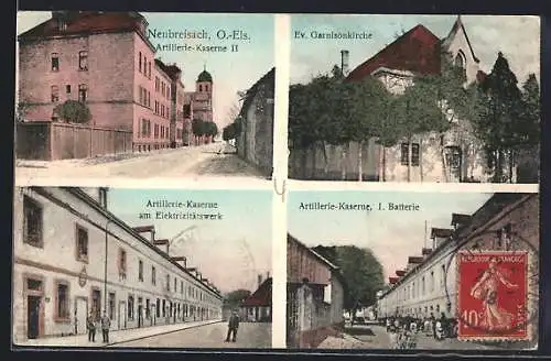 AK Neubreisach /O.-Els., Artillerie-Kaserne am Elektrizitätswerk, Artillerie-Kaserne II, Evangelische Garnisonkirche