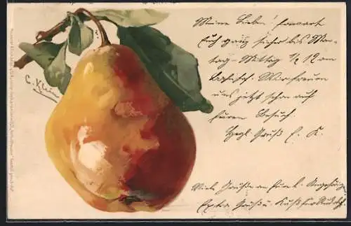 Künstler-AK Catharina Klein: Reife Birne an einem Ast