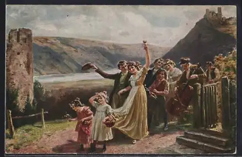 Künstler-AK sign. C. Schultheiss: Winzerzug, feiernde Anwohner zum Weinfest