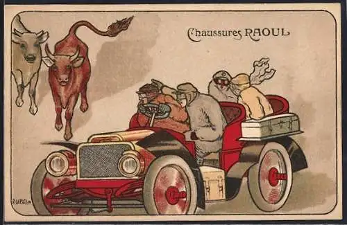 Künstler-AK sign. R. Caputi: Chaussures Raoul, Auto fährt an Ochsen vorbei