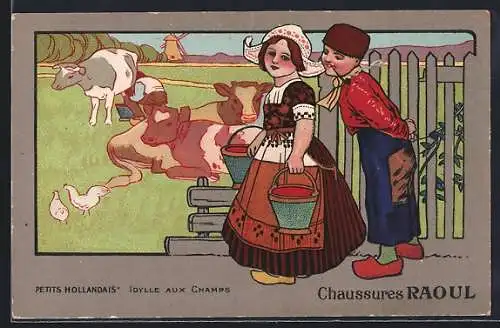 AK Chaussures Raoul, Petits Hollandais, Idylle aux Champs, Reklame