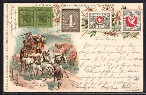 AK Postkutsche auf der Strasse am St. Gotthard und Briefmarken der Schweiz