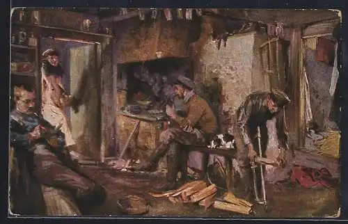 Künstler-AK Soldaten am häuslichen Herd in Feindesland