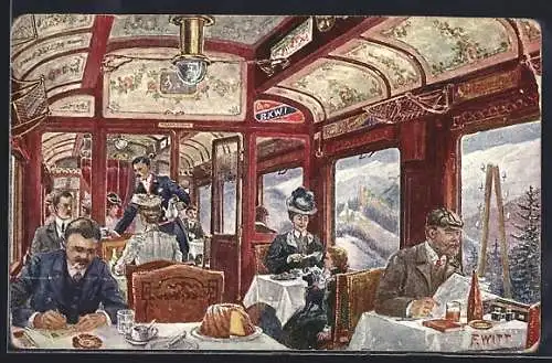 Künstler-AK F. Witt: Eisenbahnreisende im Speisewagen