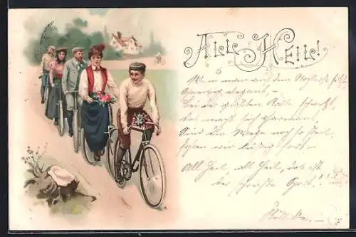 Lithographie Damen und Herren auf Fahrrädern