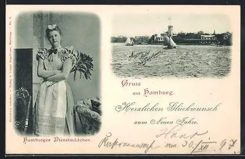 AK Hamburg, Aussen-Alster mit Gasthaus Fährhaus, Hamburger Dienstmädchen, Neujahrsgruss