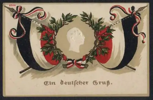 AK Ein deutscher Gruss, Kaiser Wilhelm II. im Kranz mit Fahnen
