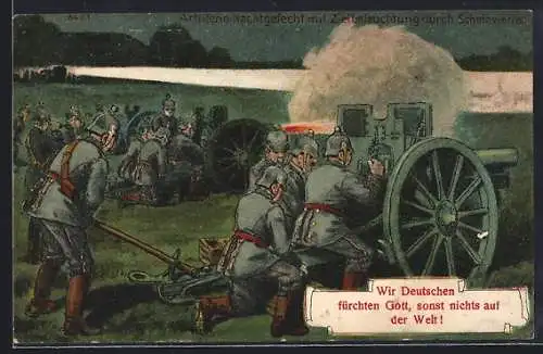 Künstler-AK Bruno Bürger & Ottillie Nr. 8403: Artillerie-Nachtgefecht mit Zielbeleuchtung durch Scheinwerfer